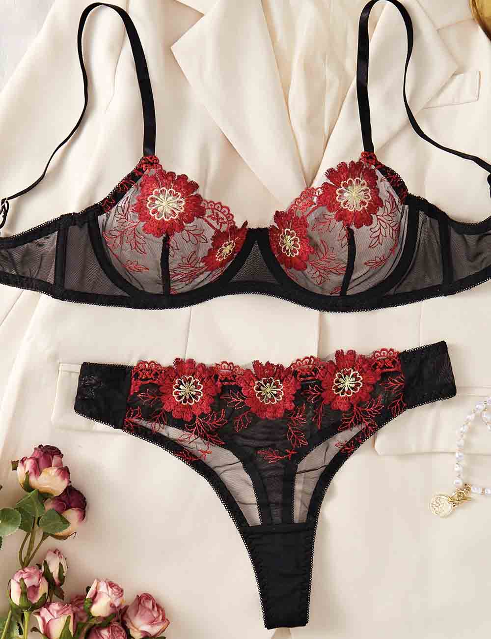 Ladies Floral Embroidery See Through 2PCS Lingerie Set 8HF4327