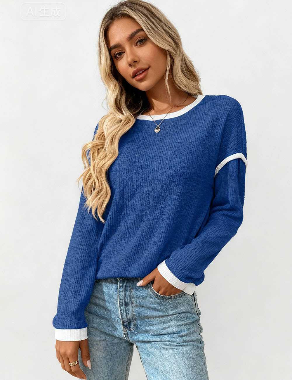 Ladies Color Block Rib Trim Round Neck Knit Sweater