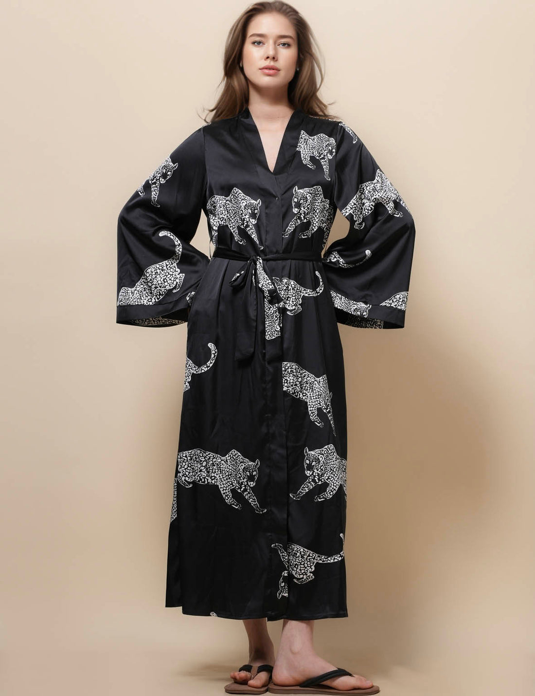 Ladies V-Neck Long Sleeves Waist Tie Pajama Robe SKRB50501