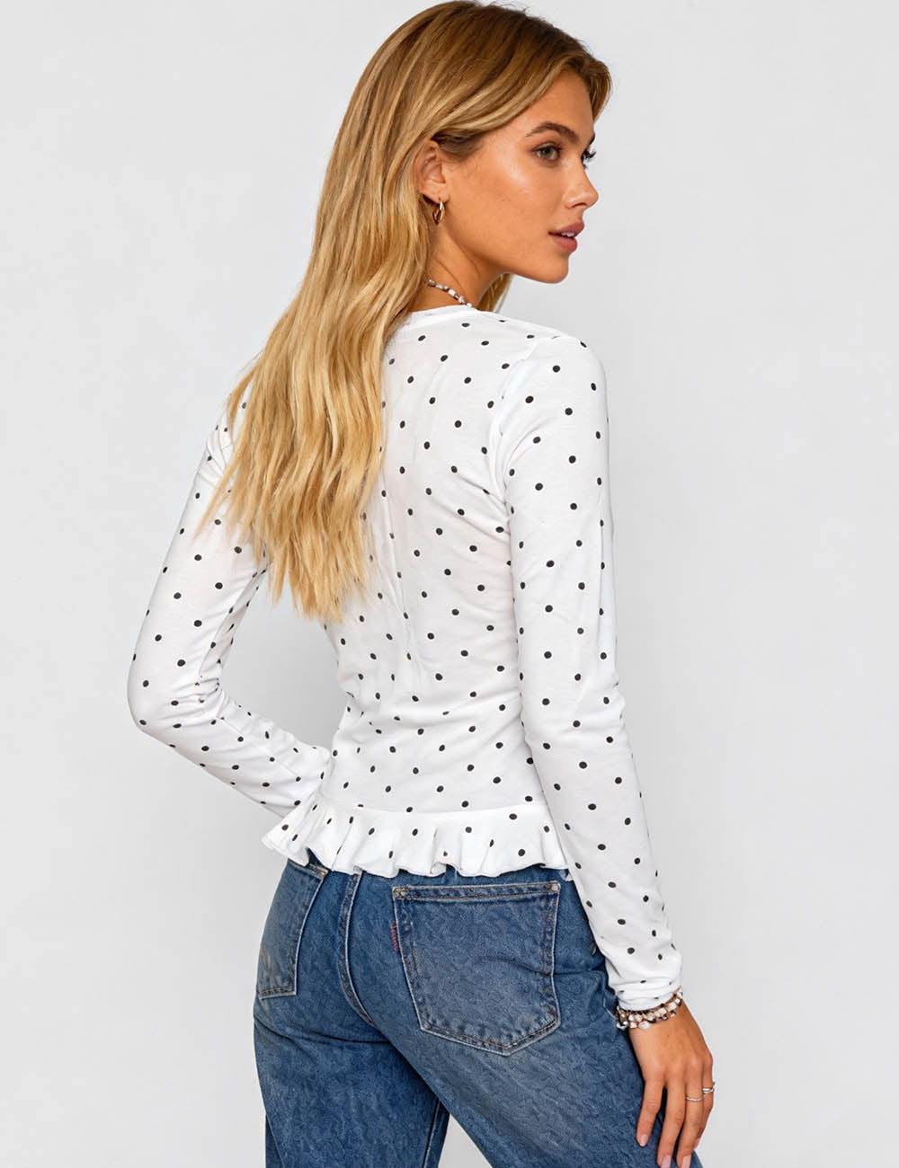 Ladies Polka Dot Round Neck Ruffle Hem Layering Top
