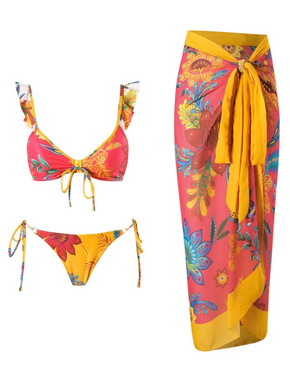 Ladies Floral Print String Shoulder 2PCS Bikini Set with Salong