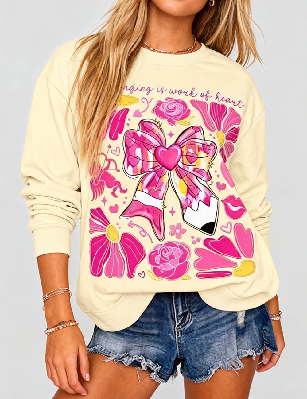 Ladies Valentine's Cute Heart Letter Pullover Sweatshirt