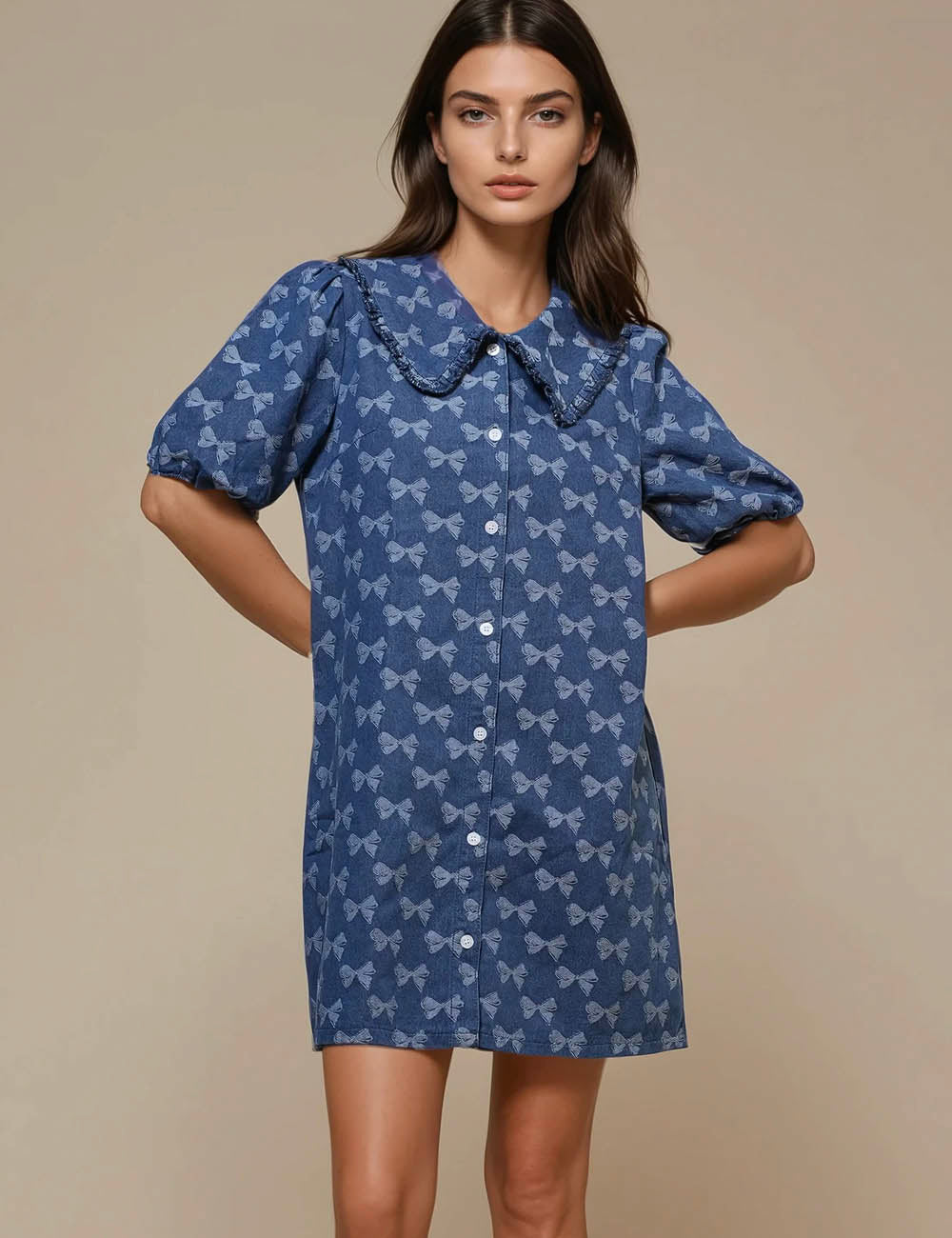 Ladies Peter Pan Collar Bow Print Denim Mini Dress SKD50020