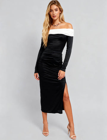 Ladies Color Block Off-Shoulder Ruched Bodycon Midi Dress