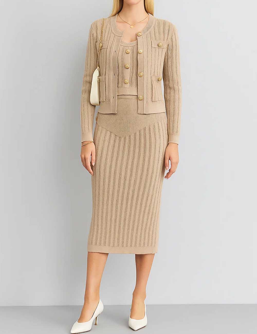 Ladies Solid Color Knit Vest & Cardigan & Skirt 3PCS Set