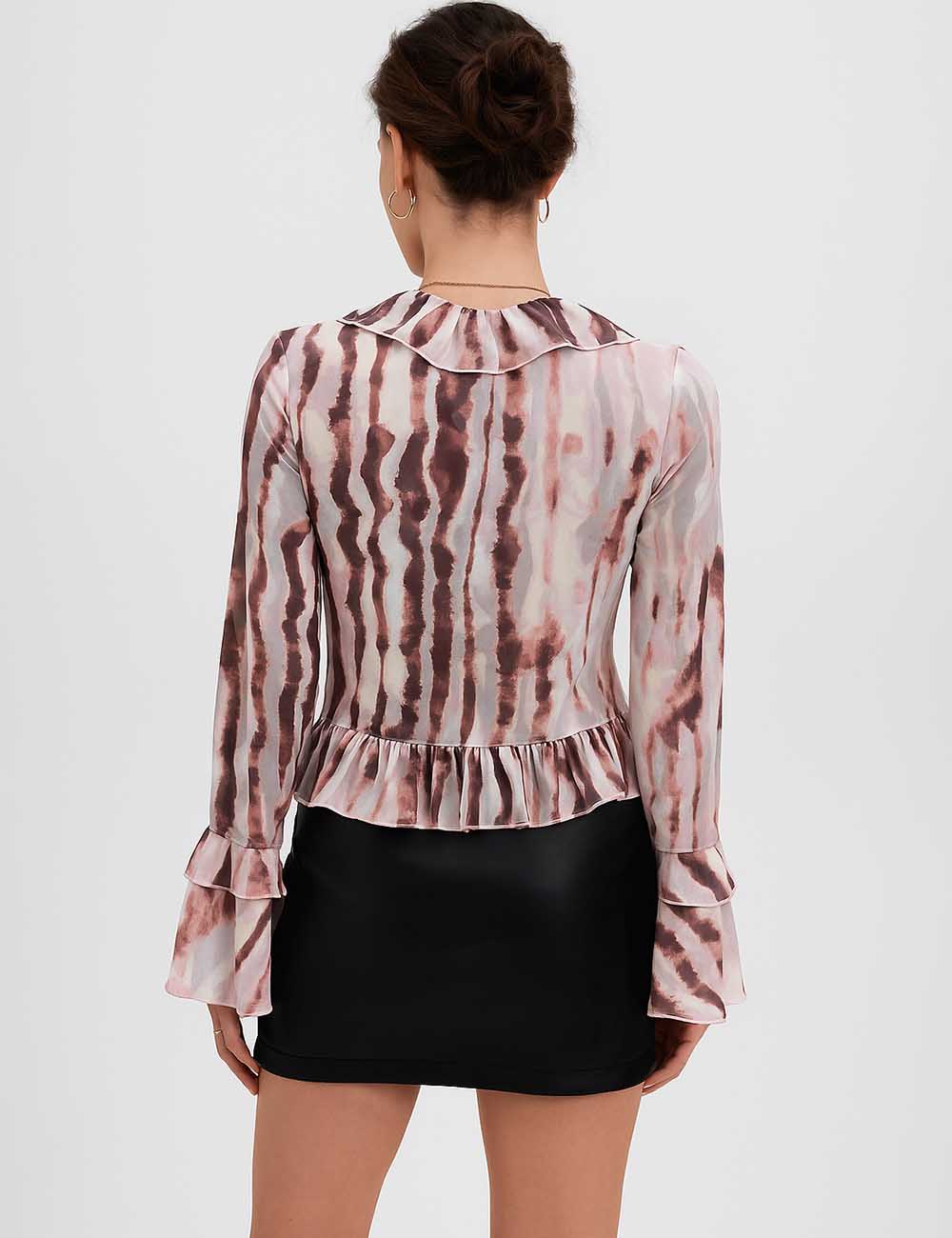 Women Color Block Stripe Print Long Sleeve Blouse