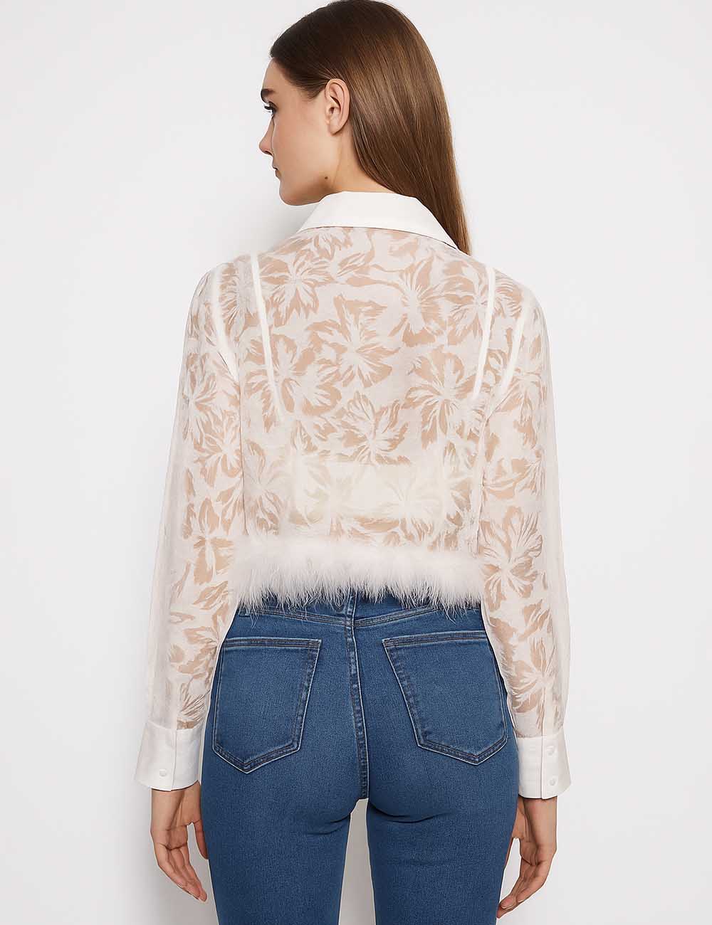 Women Elegant Sheer Floral Blouse with Feather Trim