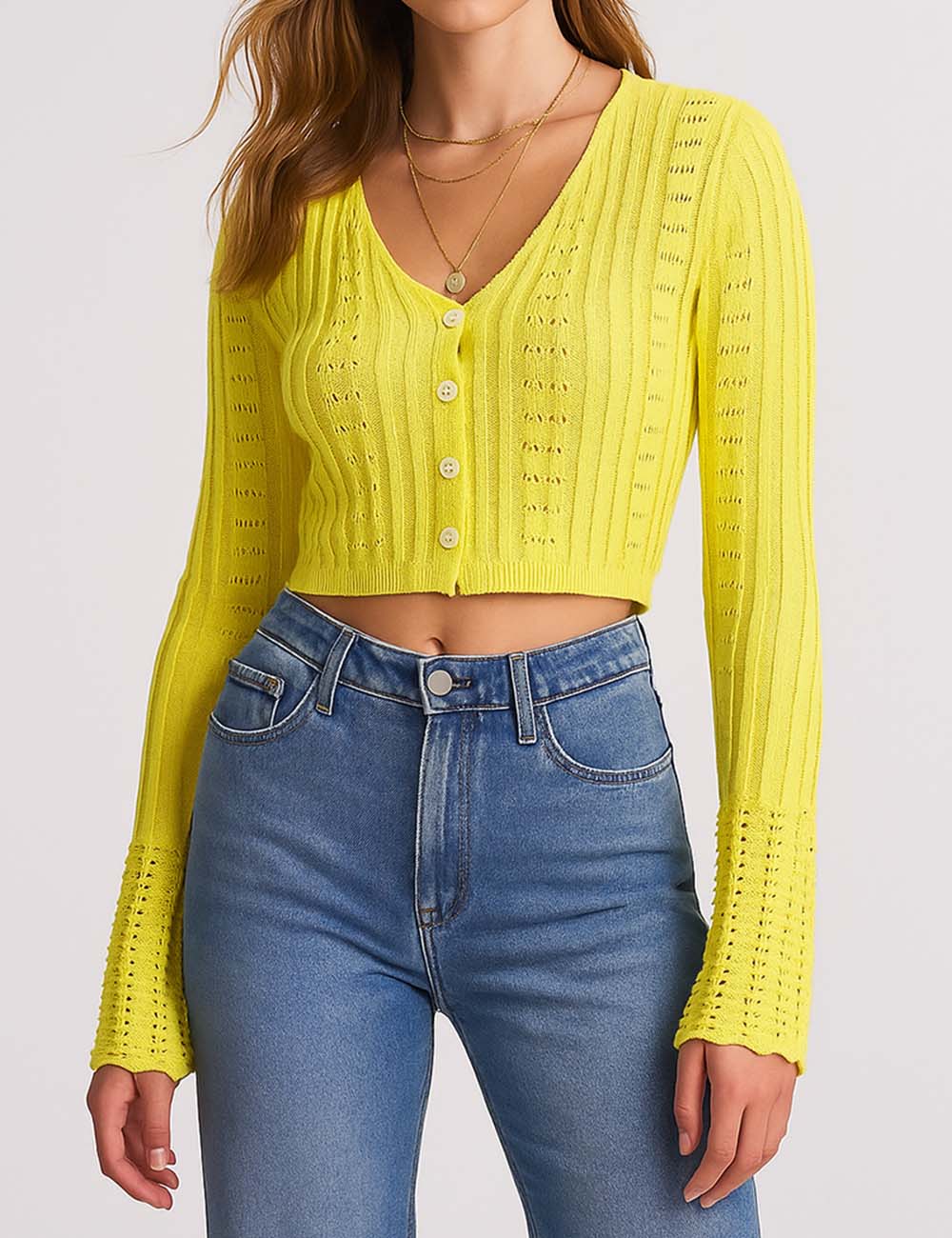 Ladies V-Neck Hollow Out Flared Sleeves Cropped Knit Top