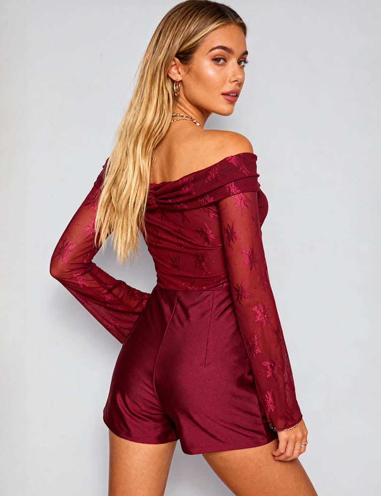 Ladies Lace Off-Shoulder Flared Sleeves Wide Leg Romper
