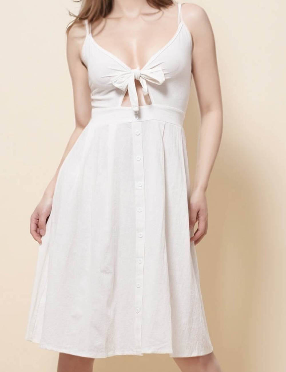 Ladies V-Neck String Shoulder Button Midi Dress SKD51269