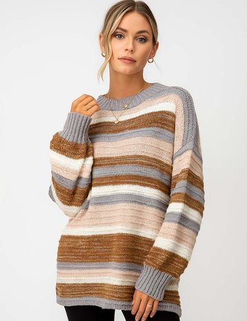 Ladies Multi Color Round Collar Long Sleeves Knit Sweater