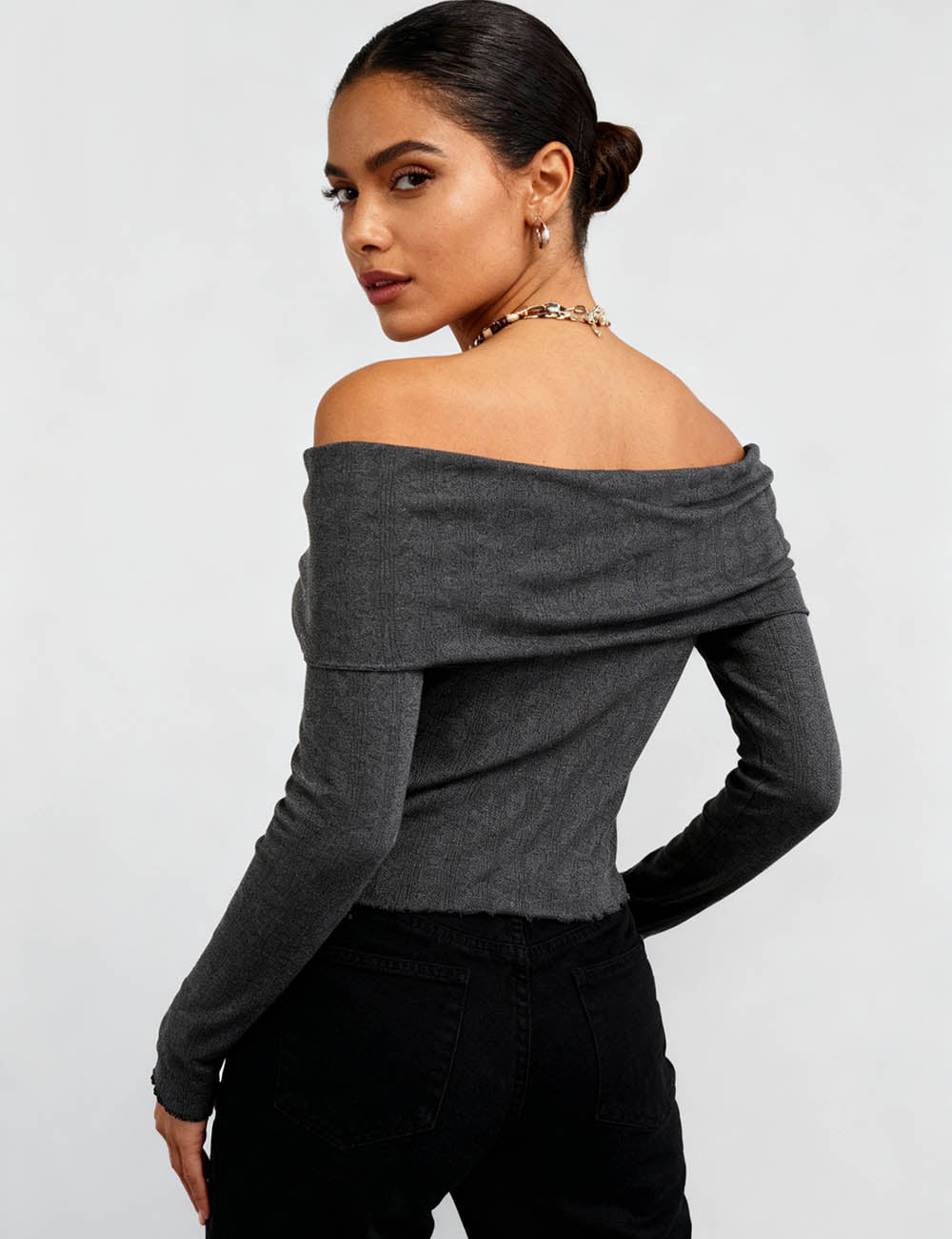 Ladies Off-Shoulder Ruched Front Long Sleeves Top