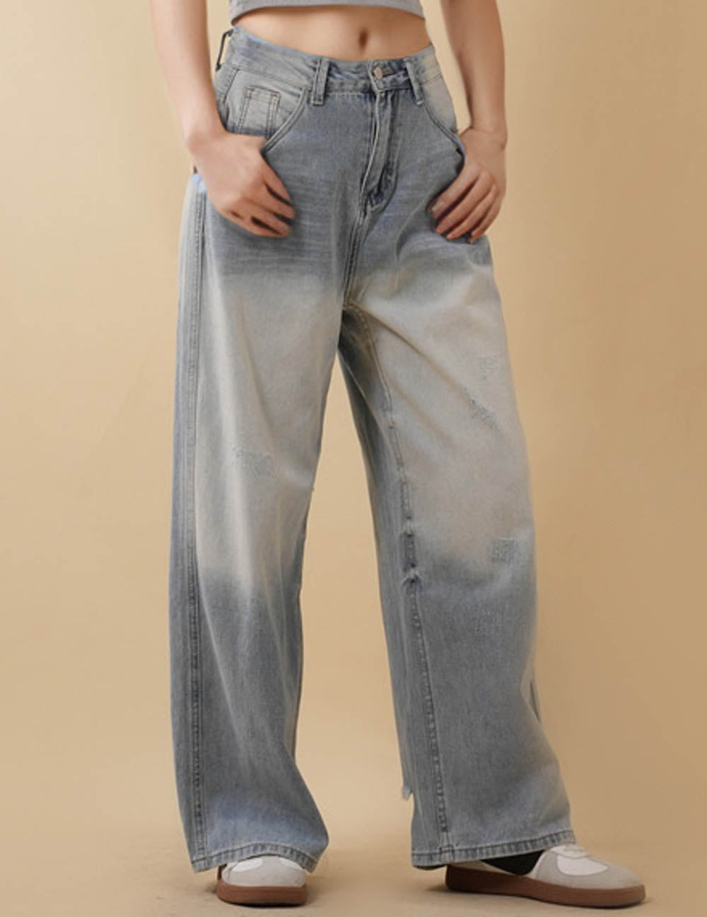 Ladies Distressed Jeans Wide Leg Denim Pants