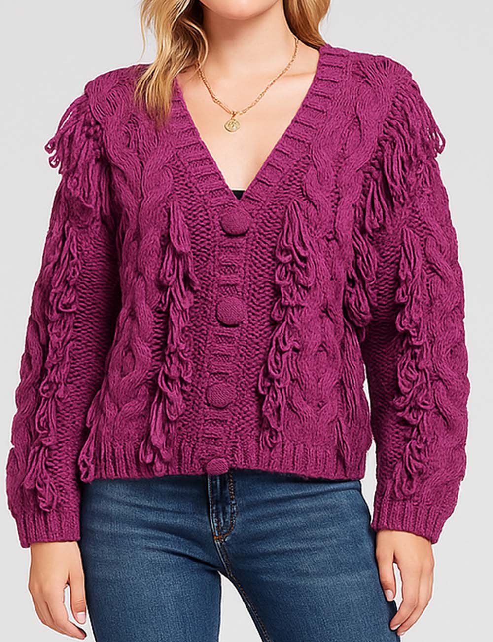 Ladies Cable Knit Tassel V-Neck Button Front Cardigan