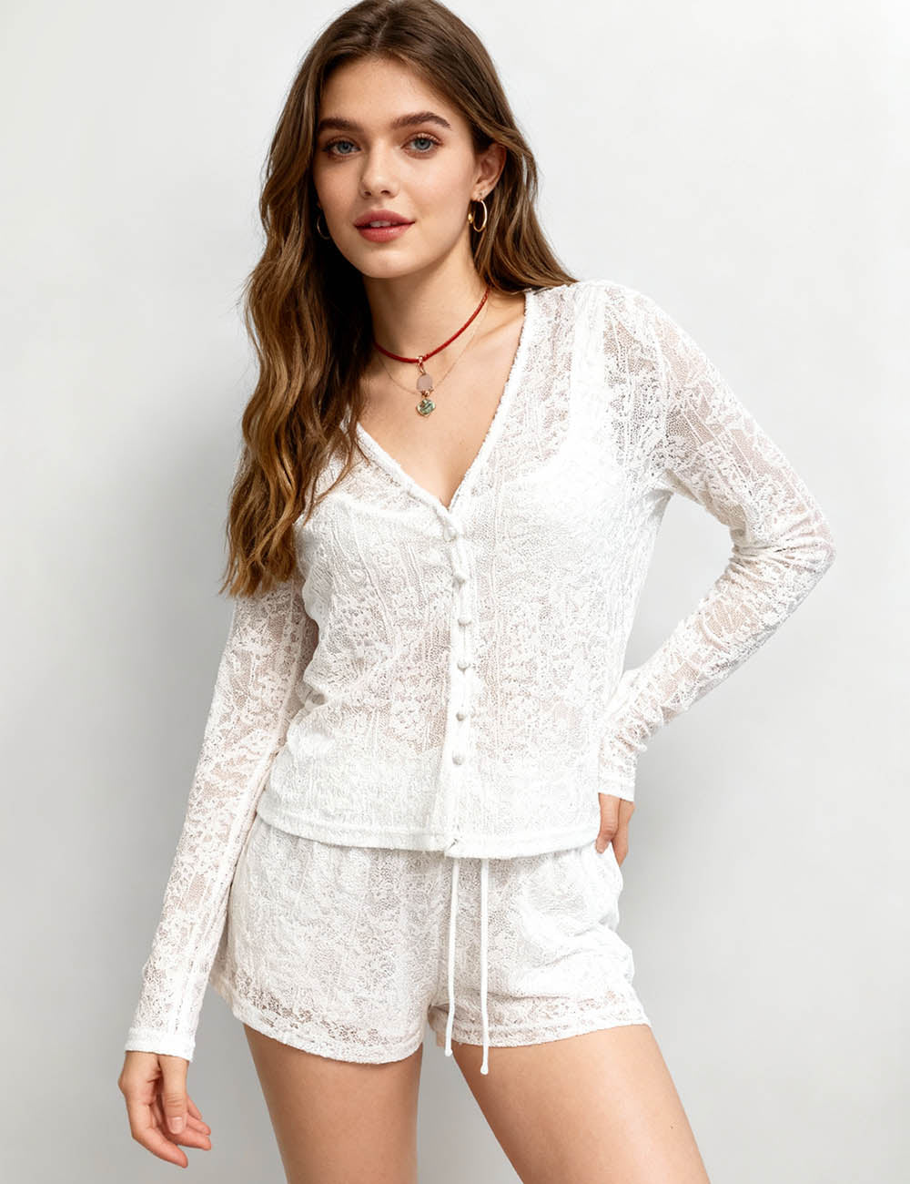 Ladies Floral Jacquard Cardigan Tube Top Drawstring Shorts 3PCS Set