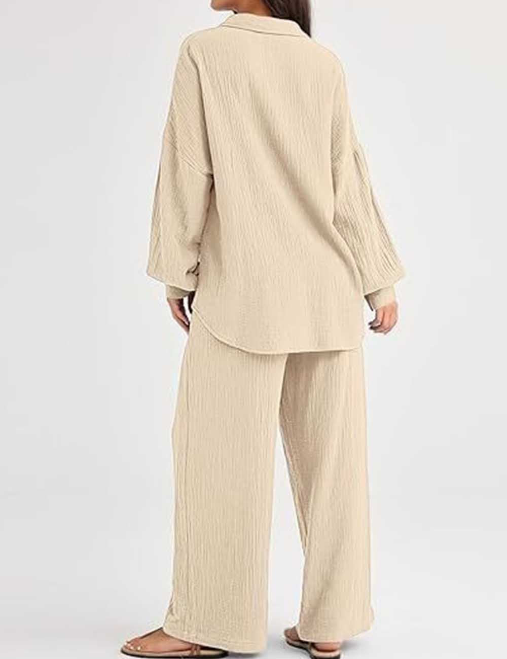 Ladies Solid Color Button Down Long Sleeves Shirt & Pants Set