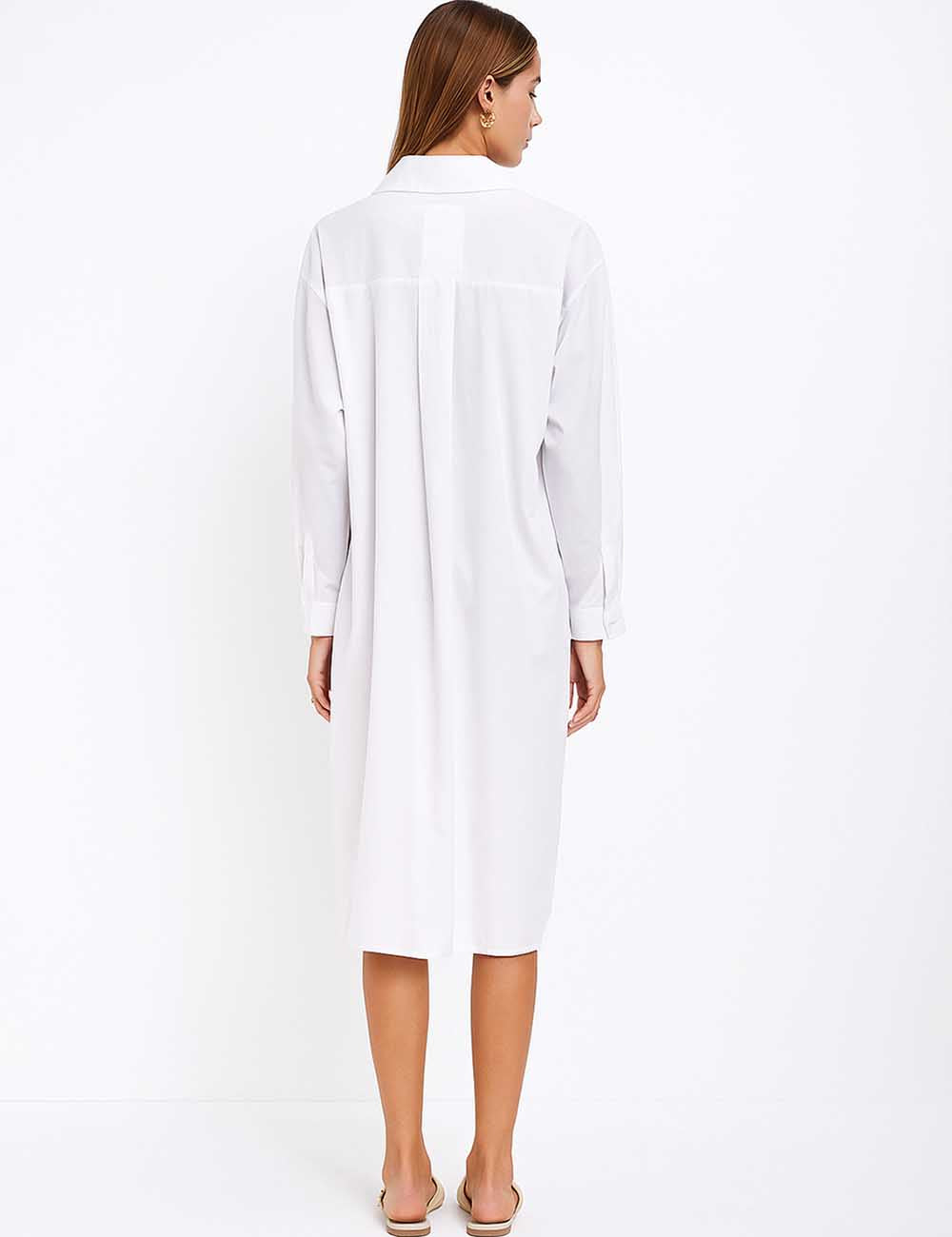 Ladies White Woven Button Down Long Sleeves Midi Dres