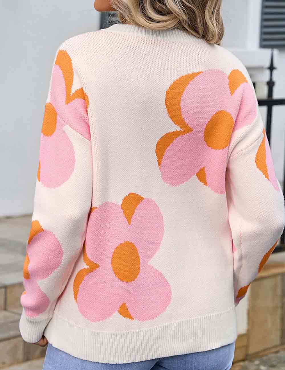 Ladies Multi Color Floral Pattern Round Neck Knit Sweater