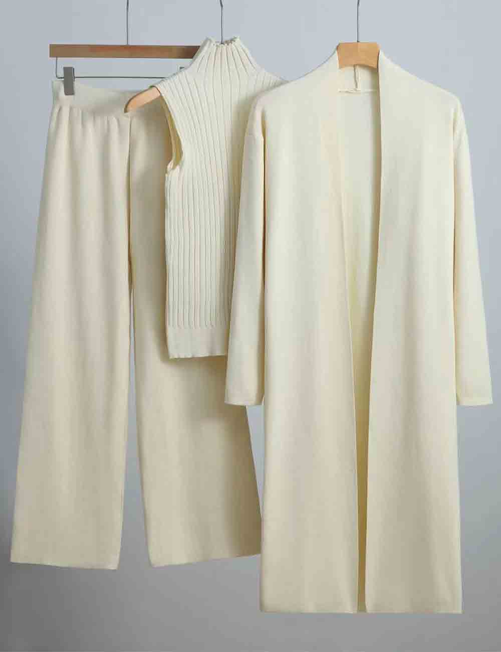 Ladies Solid Color Open Knit Cardigan & Pants 3PCS Set