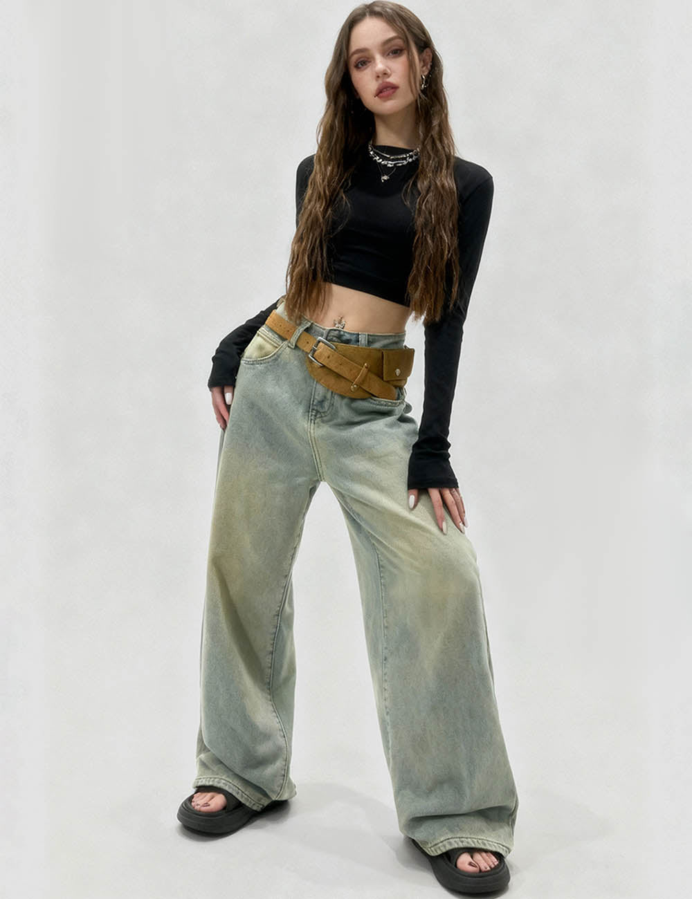 Ladies Vintage Fleece Lined Wide Leg Denim Pants