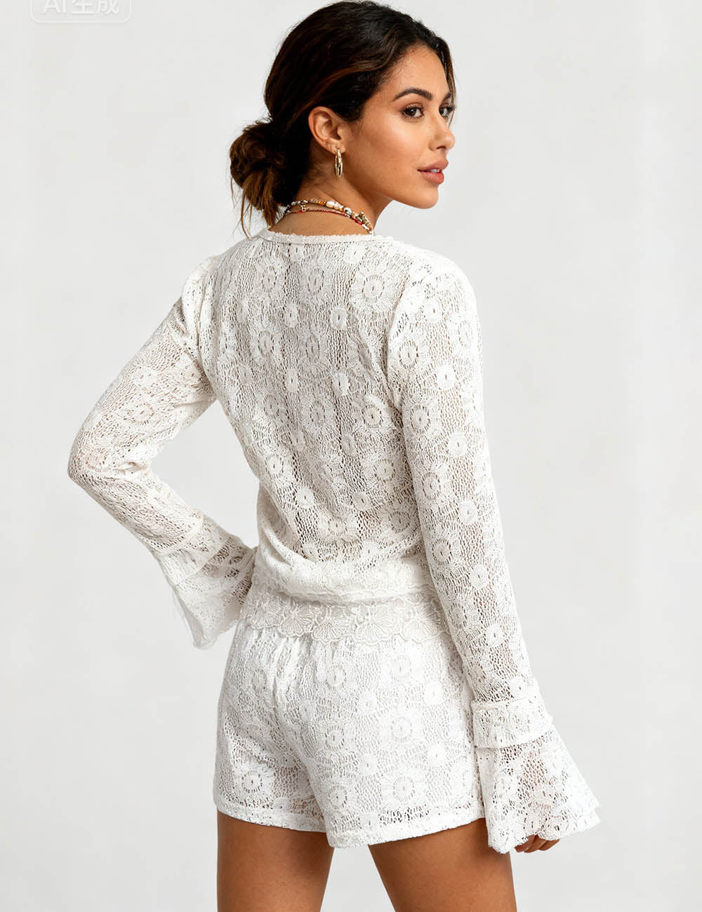 Ladies Floral Hollow Out Lace Hem Knit Top & Shorts Set