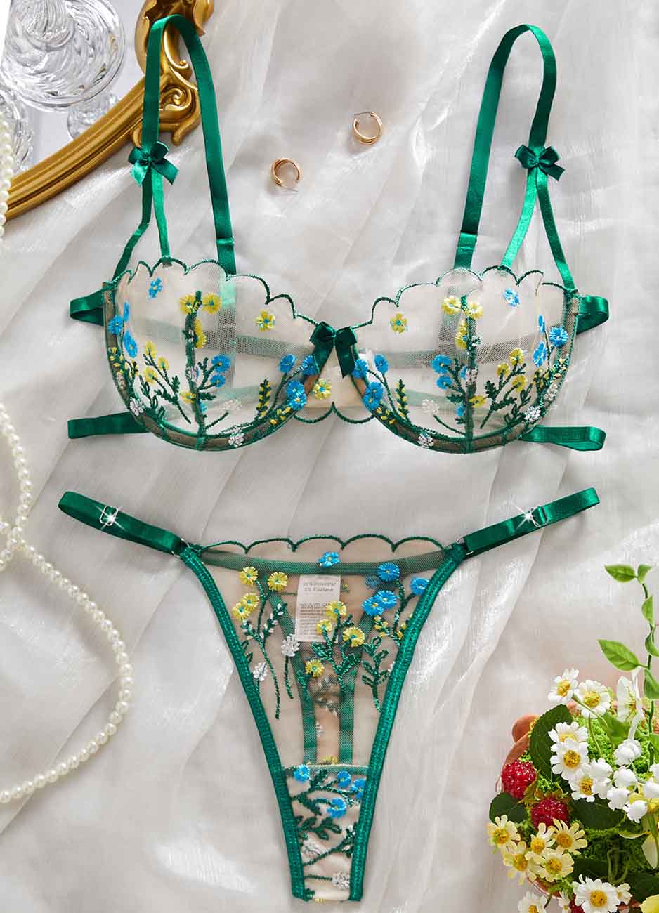 Ladies Sexy Multicolor Embroidery Bow Lingerie Set