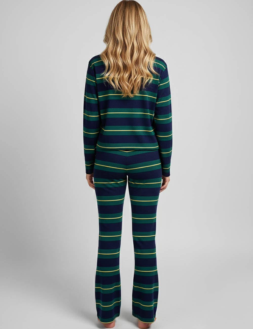 Ladies Striped Long Sleeves Flared Leg Top & Pants Set