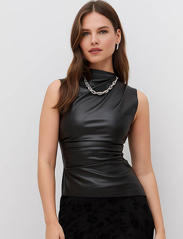 Ladies PU Turtle Neck Sleeveless Inregular Wrinkle Top SKT4951