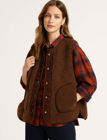 Ladies Color Block Sherpa Corduroy Trim Vest