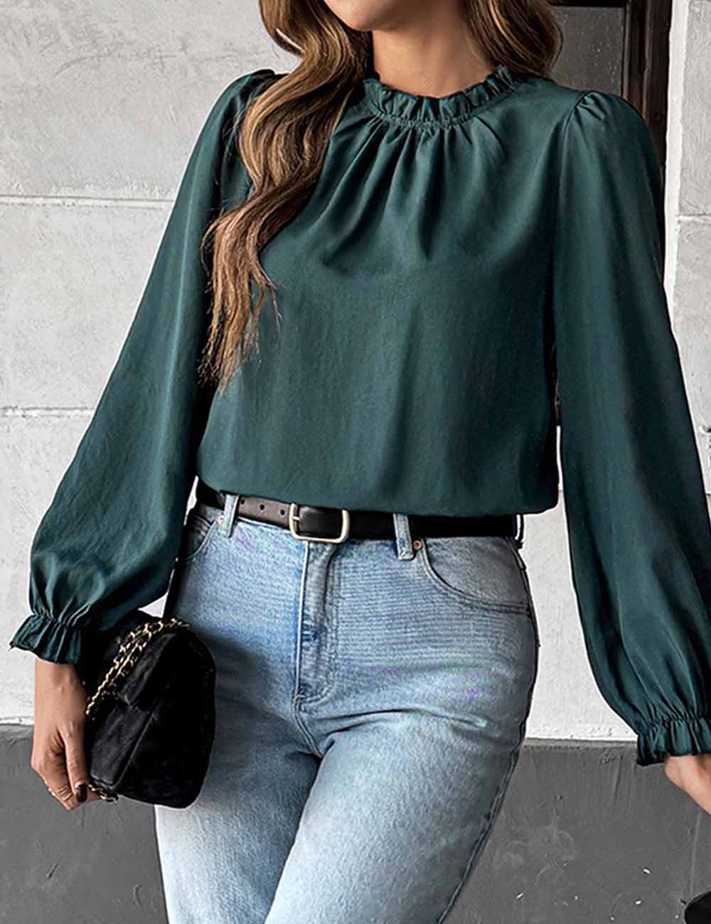 Ladies Solid Color Stand Collar Ruffle Long Sleeves Top