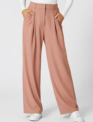 Ladies Solid Color Pleated Trousers Pocket Wide Leg Pants
