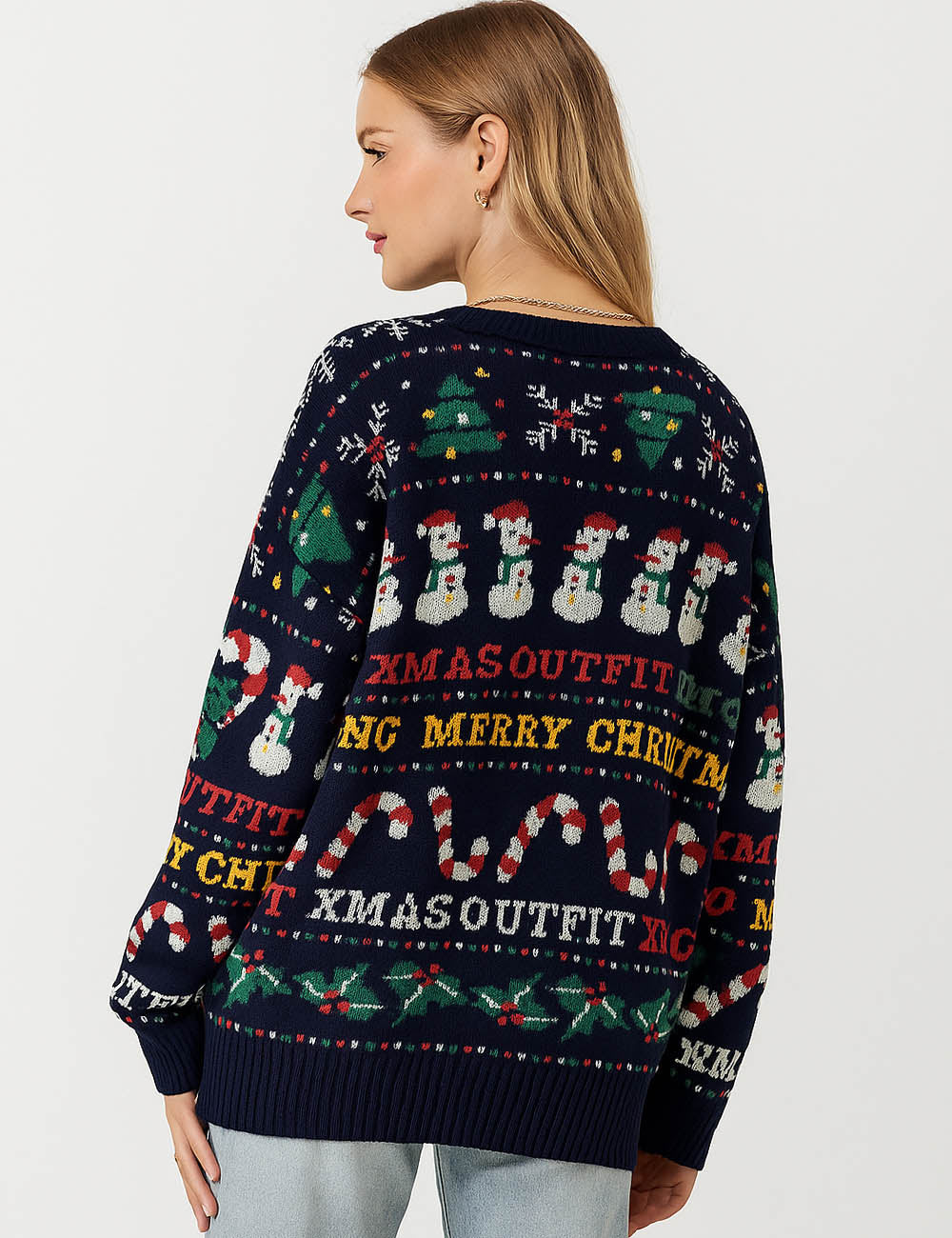 Ladies Christmas 2025 Candy Cane Snowman Pattern Festive Sweater