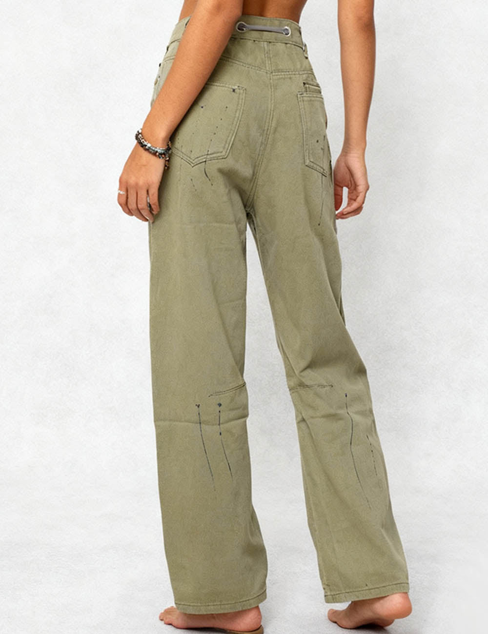 Ladies Patchwork Drawstring Paint Splatter Denim Pants