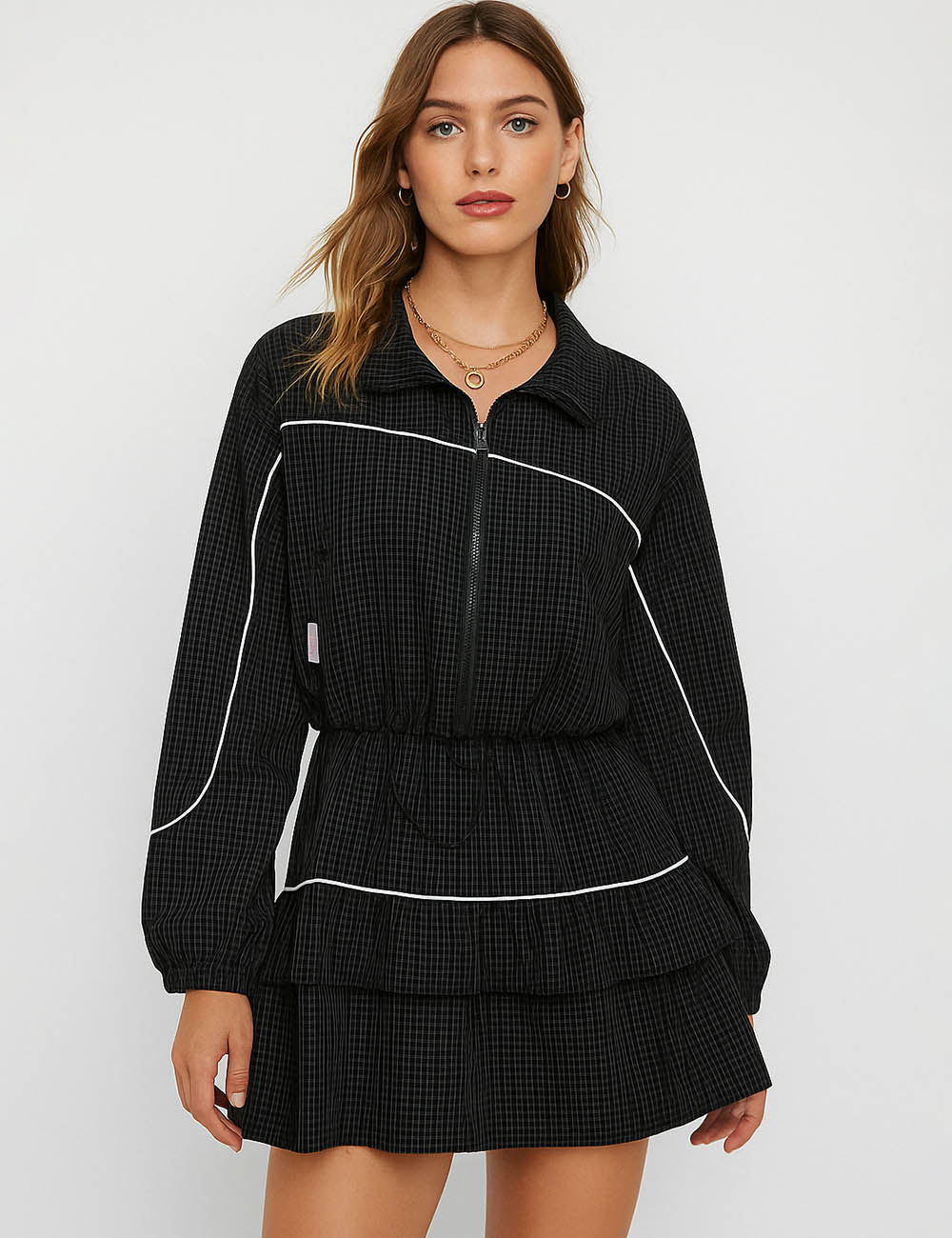 Ladies Plaid Set Zipper Collar Jacket & Tiered Ruffle Skorts Set