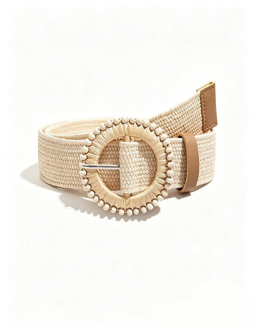 Ladies Woven Straw Belt Round Buckle Elastic Waist Belt