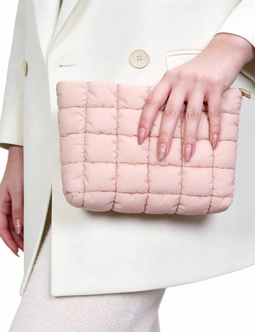 Ladies Solid Color Quilted Zip Closure Puffer Makeup Bag