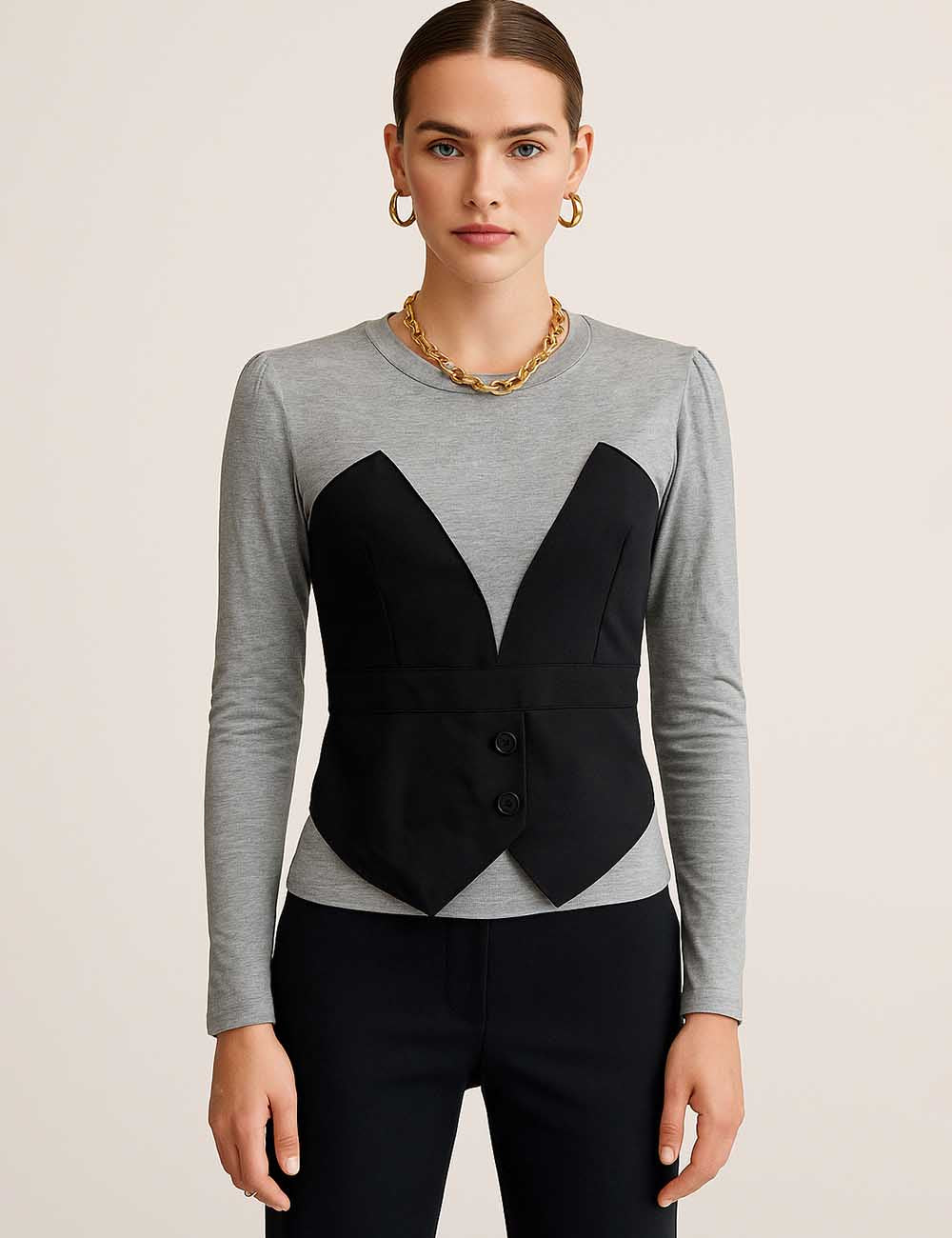 Ladies Color Block Patchwork Long Sleeves Fake 2PCS Top