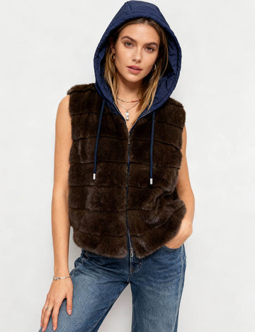 Ladies Hooded Faux Fur Front Quilted Padded Vest