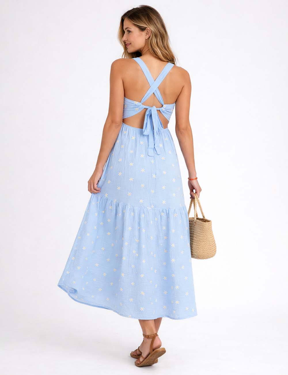 Ladies Daisy Embroidery Smocked Two Strap Sleeveless Maxi Dress