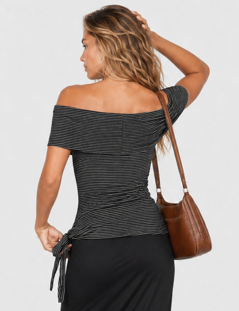 Ladies Striped Off-Shoulder Side Drawstring Top