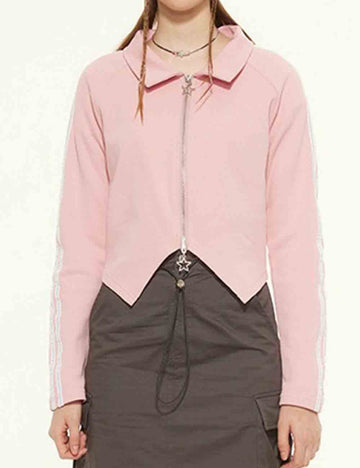 Ladies Striped Zip-Up Polo Collar Cropped Jacket