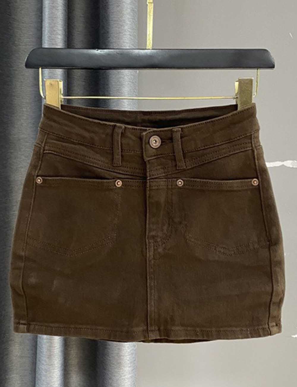 Ladies Solid Color Button Pocket Hip Wrap Denim Mini Skirt