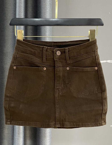 Ladies Solid Color Button Pocket Hip Wrap Denim Mini Skirt