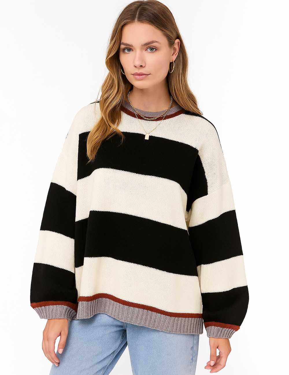 Ladies Colorful Striped Round Neck Long Sleeves Knit Sweater