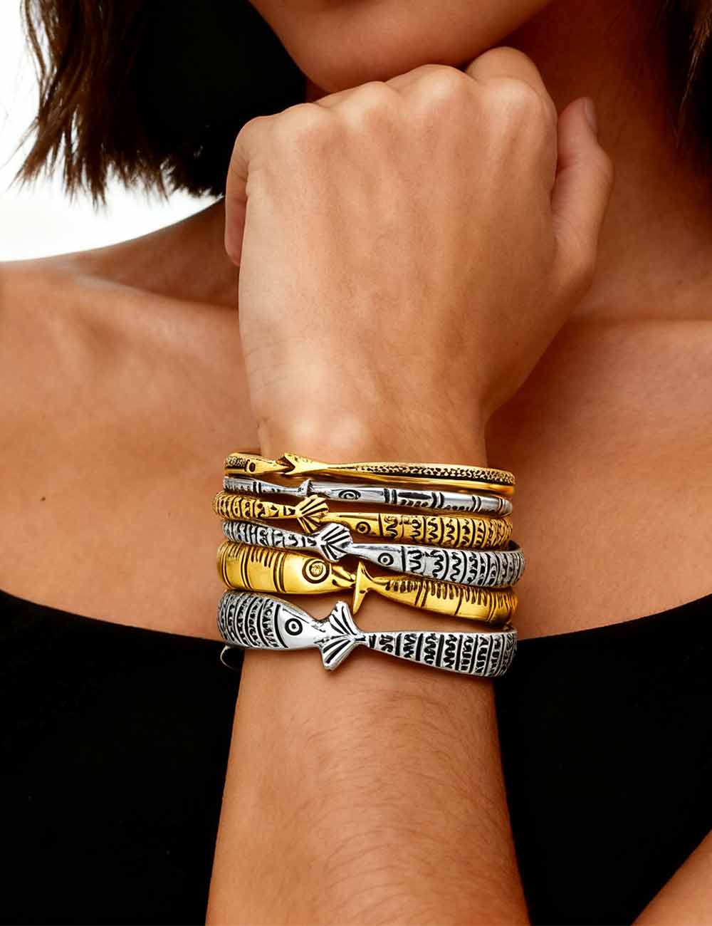 Ladies Vintage Gold Silver Tribal Fish 6PCS Bangle Set