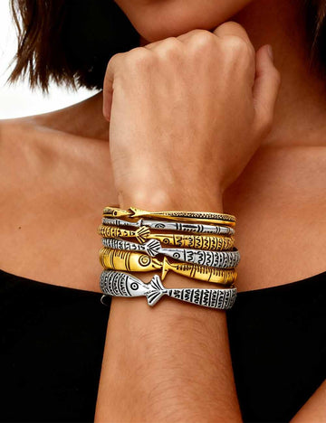 Ladies Vintage Gold Silver Tribal Fish 6PCS Bangle Set