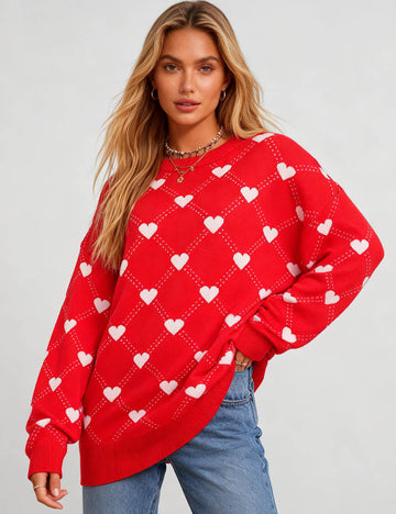 Ladies Valentine's Heart Pattern Round Neck Festive Sweater