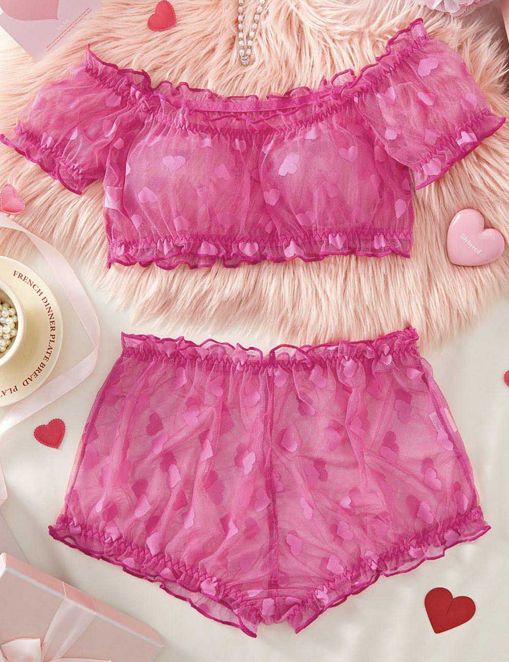Ladies Heart Print See Through 2PCS Lingerie Sets 8XX0181