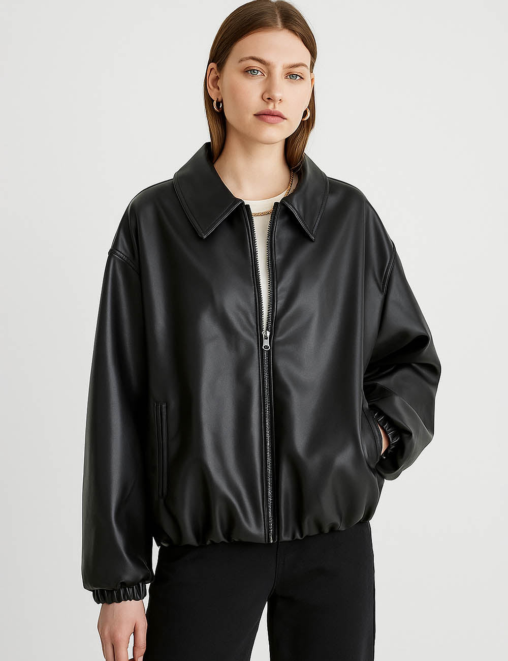 Ladies Lapel Collar Zipper Front Gathered Hem Leather Jacket