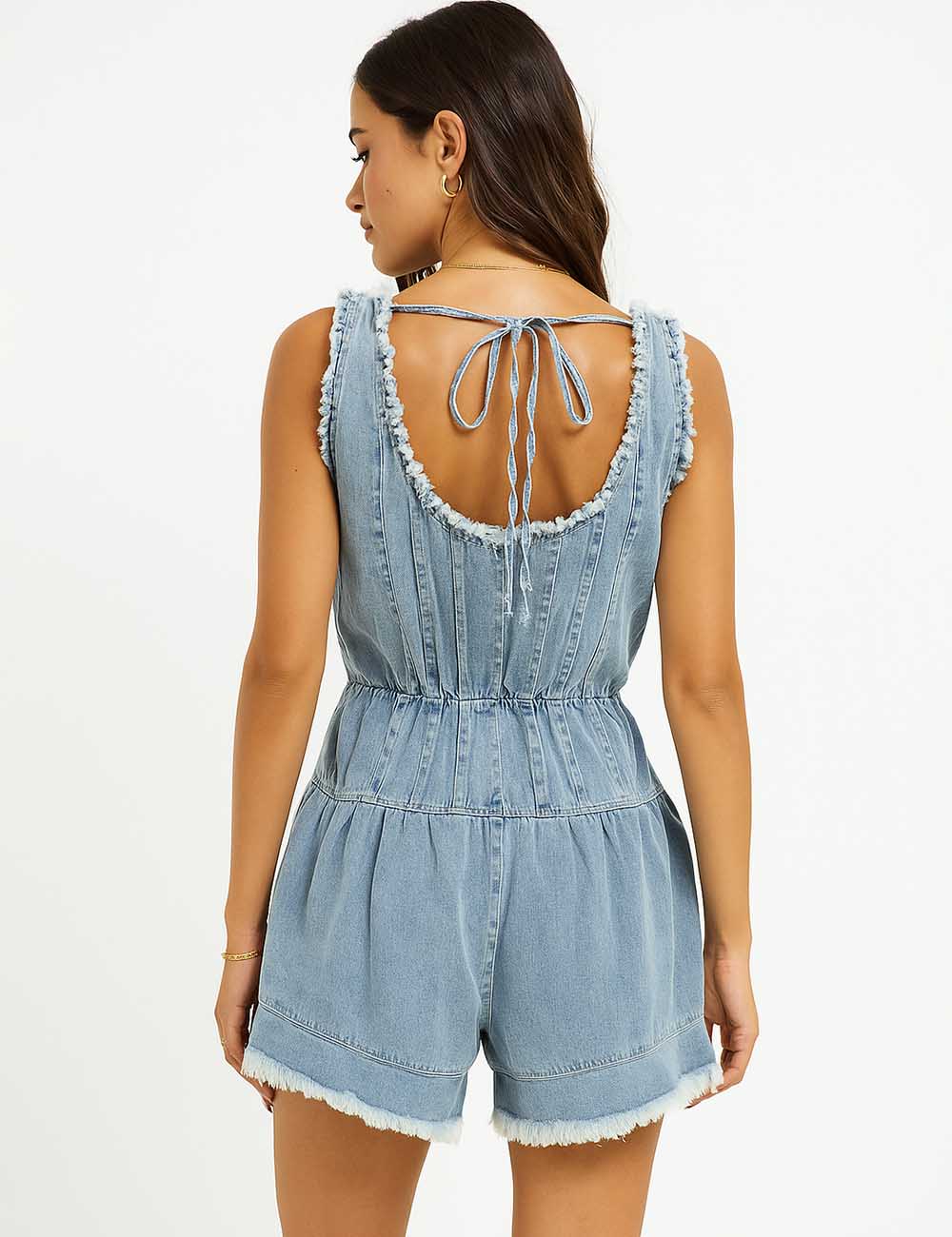 Ladies U-Neck Pleated Sleeveless Denim Romper SKJ5KC50
